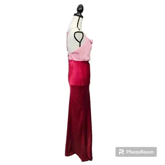 Lulus Exquisite Evening Pink Red Color Block Satin Maxi Dress Valentine's Day - Picture 7 of 14